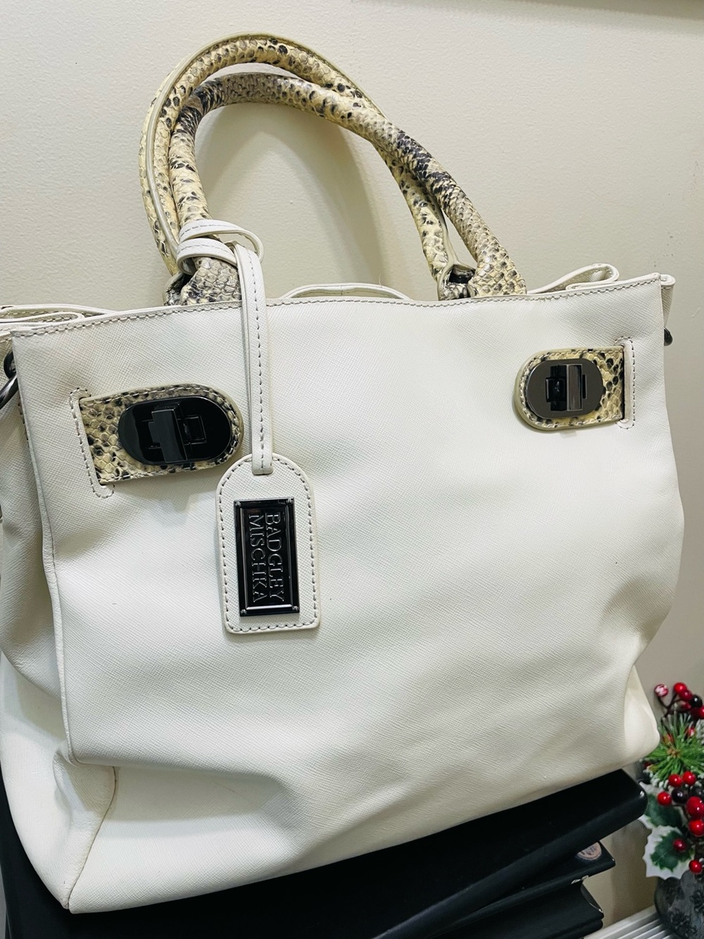Badgley Mischka White Tote with Snake-Print Trim